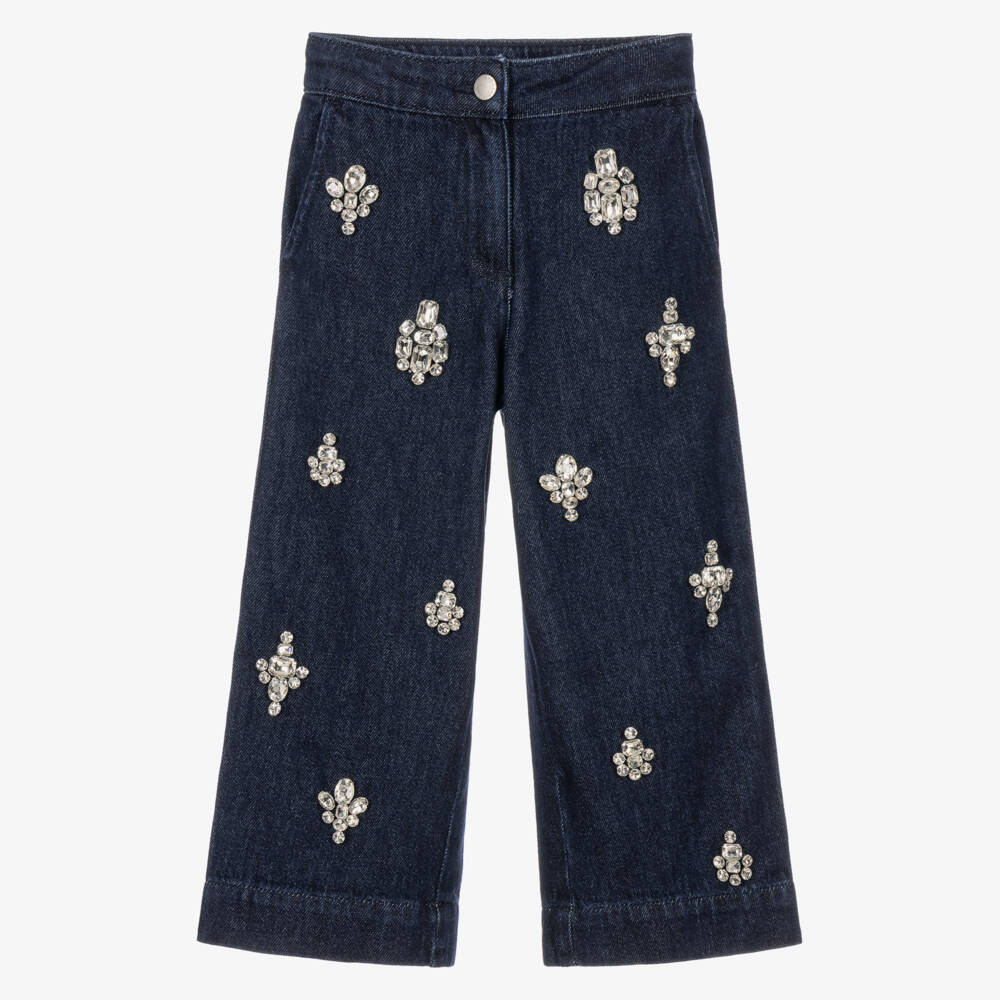 Stella McCartney Kids-Girls Dark Blue Denim Trousers with Rhinestones | Childrensalon