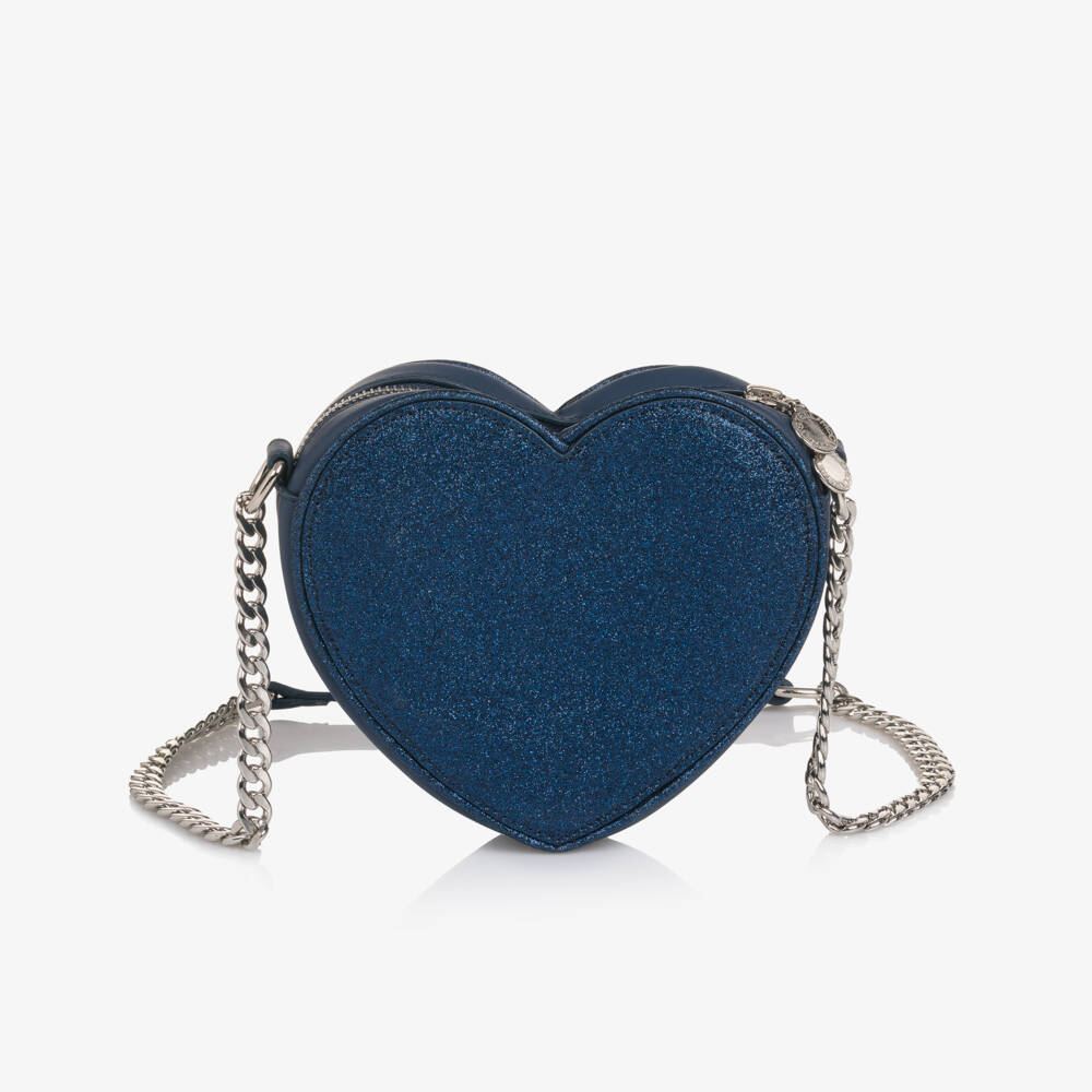 Stella McCartney Kids-Girls Glitterly Blue Faux Leather Heart Shoulder Bag (17cm) | Childrensalon