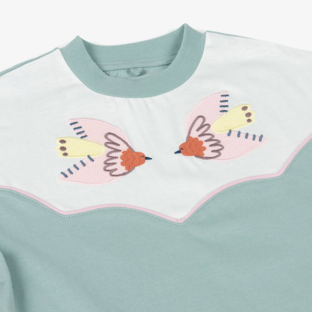 Stella McCartney Kids-Girls Green Appliqué Bird T-Shirt | Childrensalon