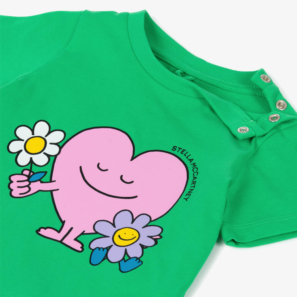 Stella McCartney Kids-Girls Green Cotton Smiling Heart T-Shirt | Childrensalon