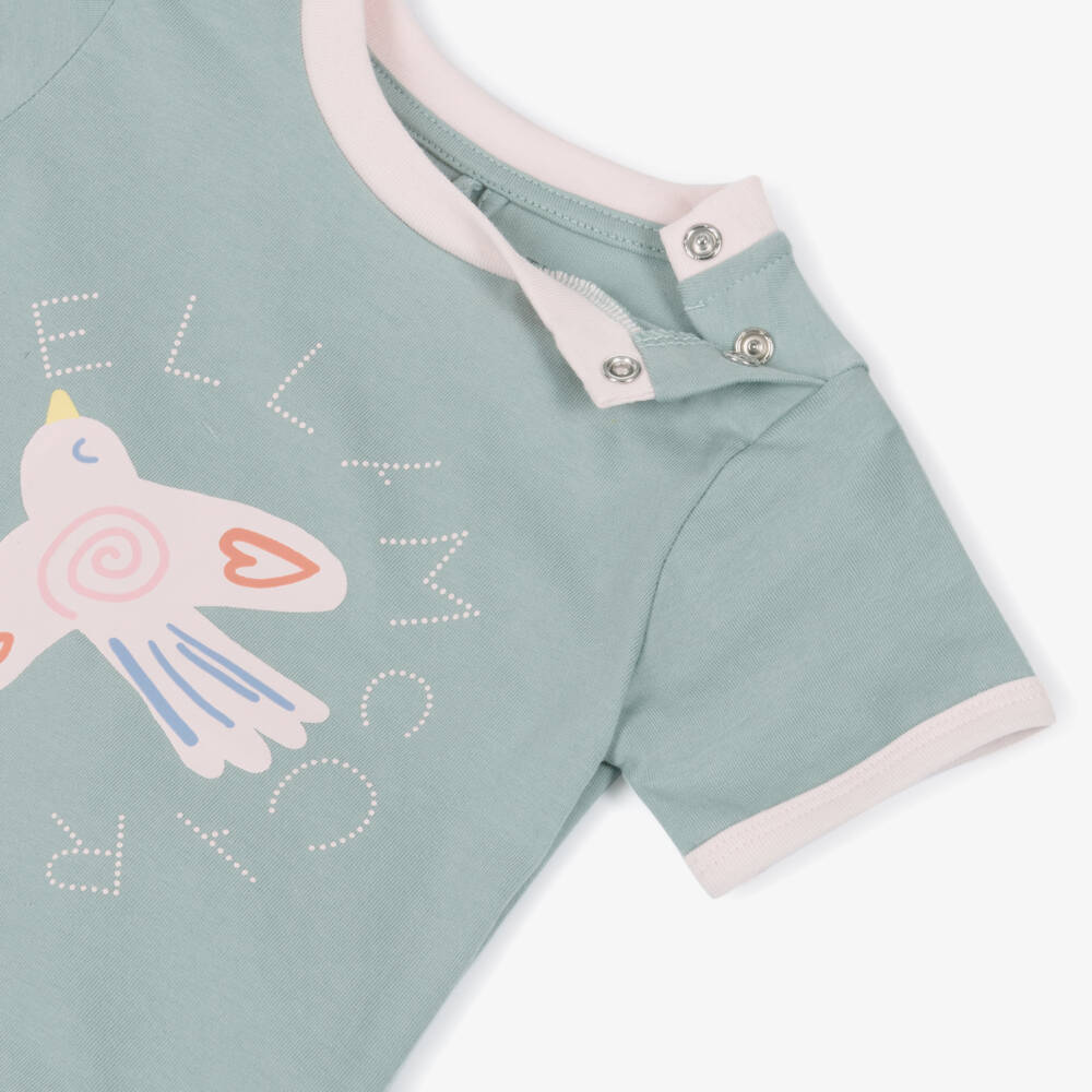 Stella McCartney Kids-Girls Green Cotton T-Shirt with Pink Logo & Bird Print | Childrensalon