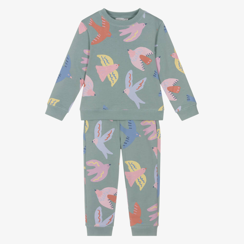 Stella McCartney Kids-Girls Green Cotton Tracksuit with Colourful Bird Print | Childrensalon