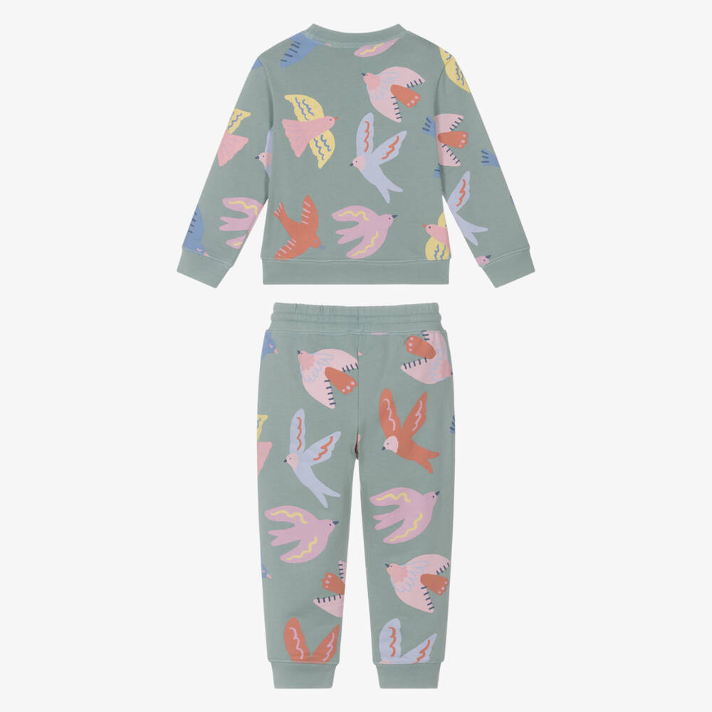 Stella McCartney Kids-Girls Green Cotton Tracksuit with Colourful Bird Print | Childrensalon