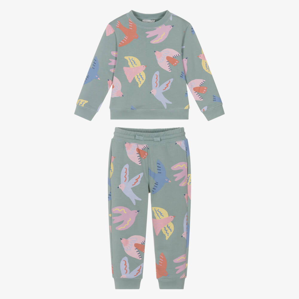Stella McCartney Kids-Girls Green Cotton Tracksuit with Colourful Bird Print | Childrensalon