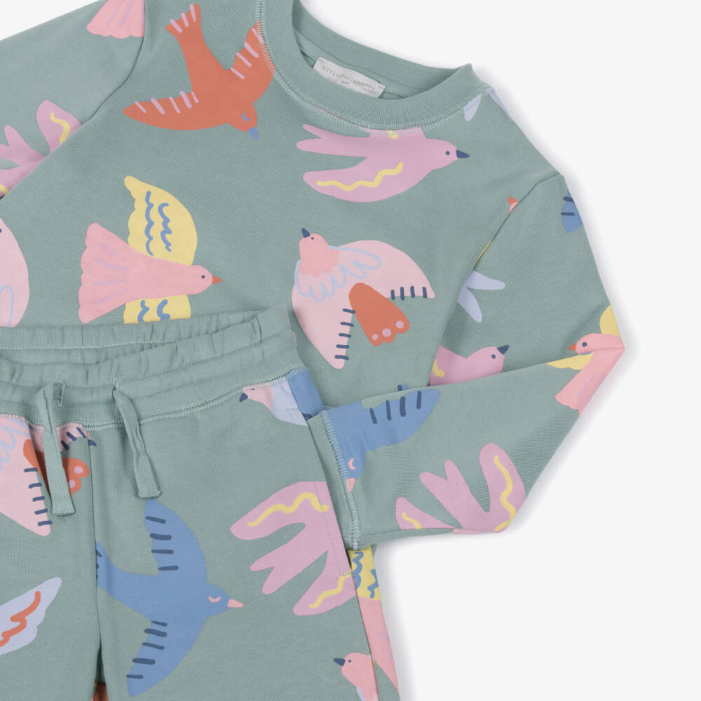 Stella McCartney Kids-Girls Green Cotton Tracksuit with Colourful Bird Print | Childrensalon