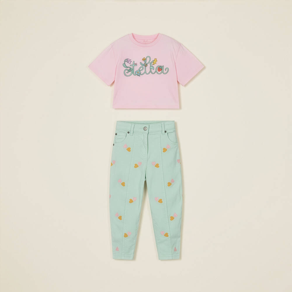 Stella McCartney Kids-جينز مطرز بقلوب لون أخضر للبنات | Childrensalon