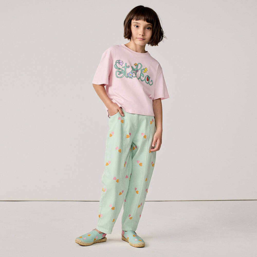 Stella McCartney Kids-Girls Green Embroidered Heart Jeans | Childrensalon