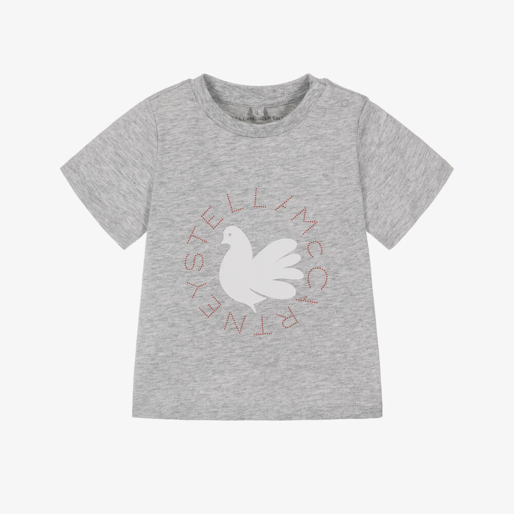 Stella McCartney Kids-Girls Grey Cotton Dove Logo T-Shirt | Childrensalon