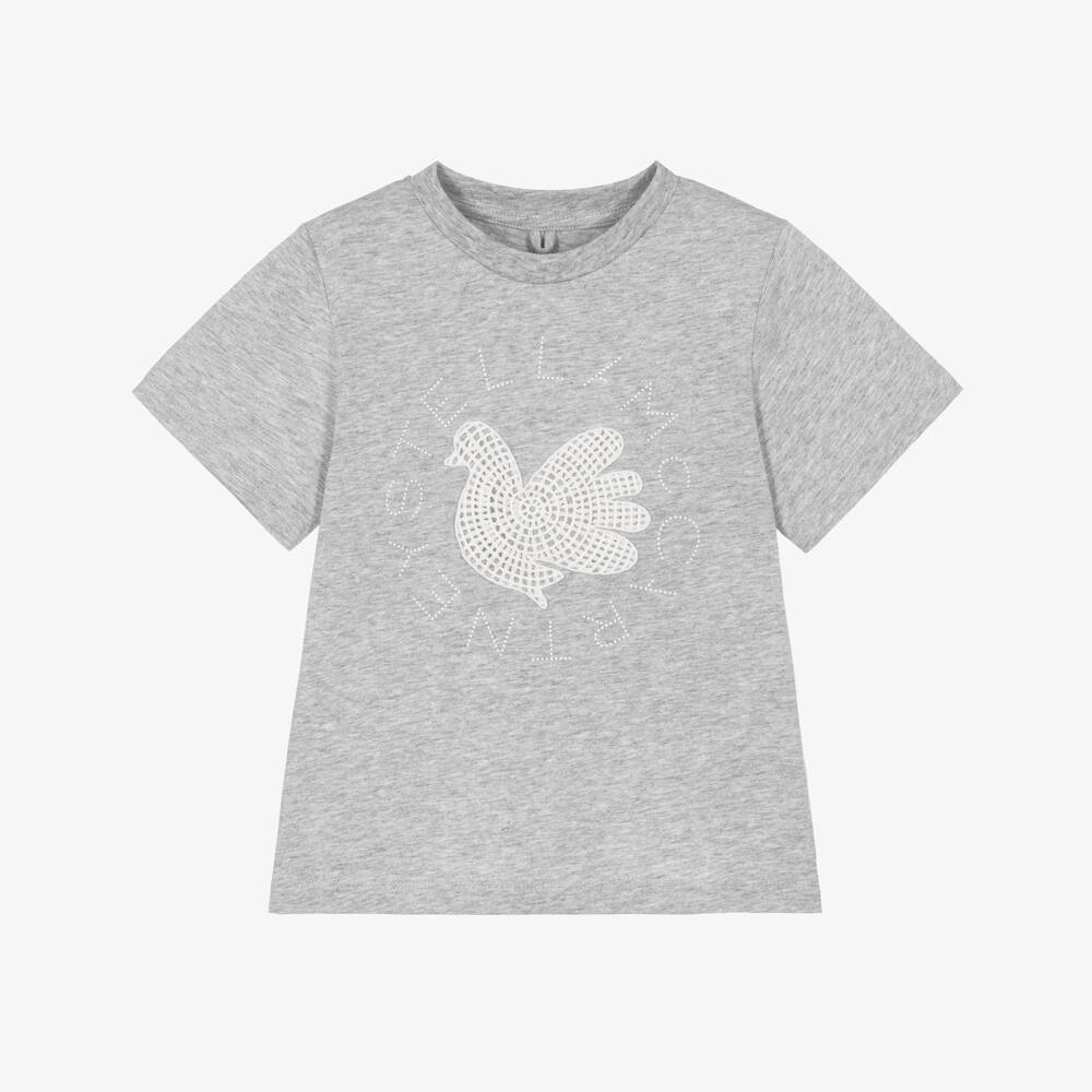 Stella McCartney Kids-Girls Grey Cotton T-Shirt with Dove Motif | Childrensalon