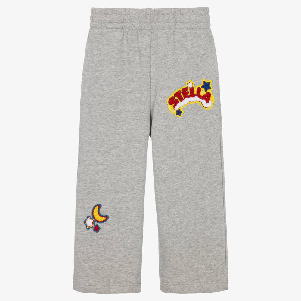 Stella McCartney Kids-Girls Grey Cotton Wide Leg Joggers with Fun Patches  | Childrensalon