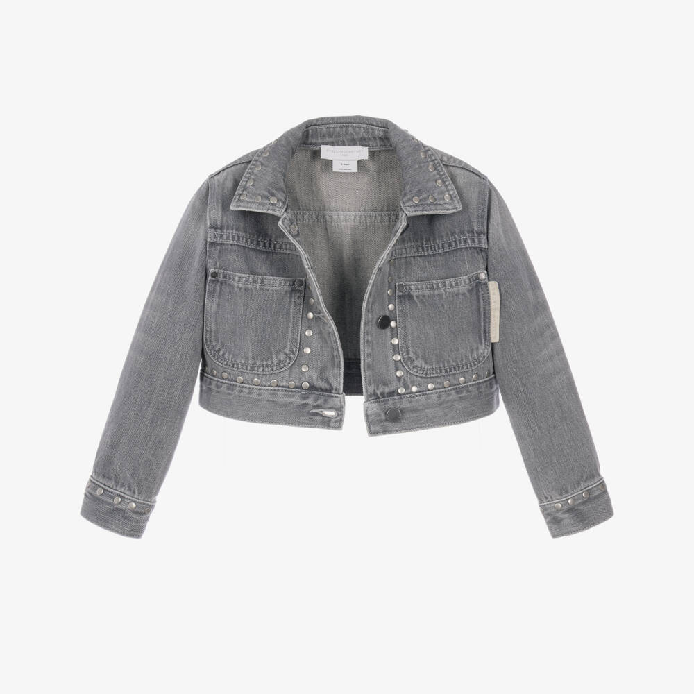 Stella McCartney Kids-Girls Grey Wash Studded Denim Jacket | Childrensalon