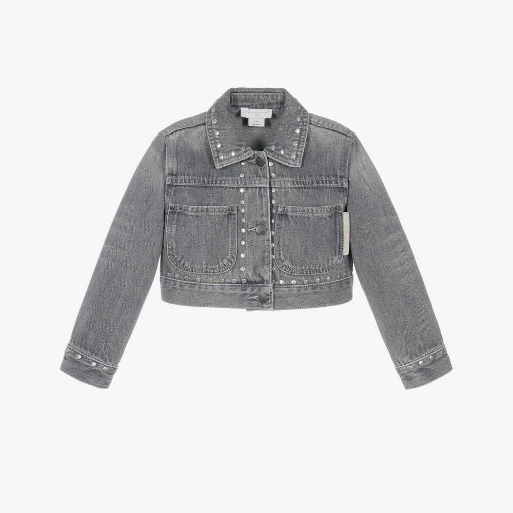 Stella McCartney Kids-Girls Grey Wash Studded Denim Jacket | Childrensalon