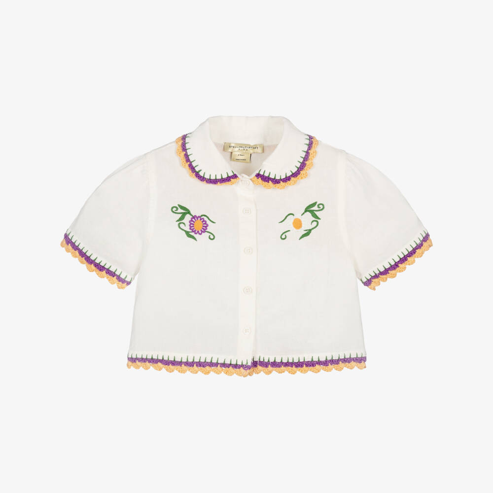 Stella McCartney Kids-Girls Ivory Blouse with Floral Embroidery & Crochet Trims | Childrensalon