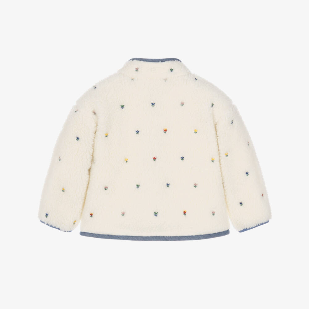 Stella McCartney Kids-Girls Ivory & Blue Sherpa Jacket with Embroidered Flowers | Childrensalon
