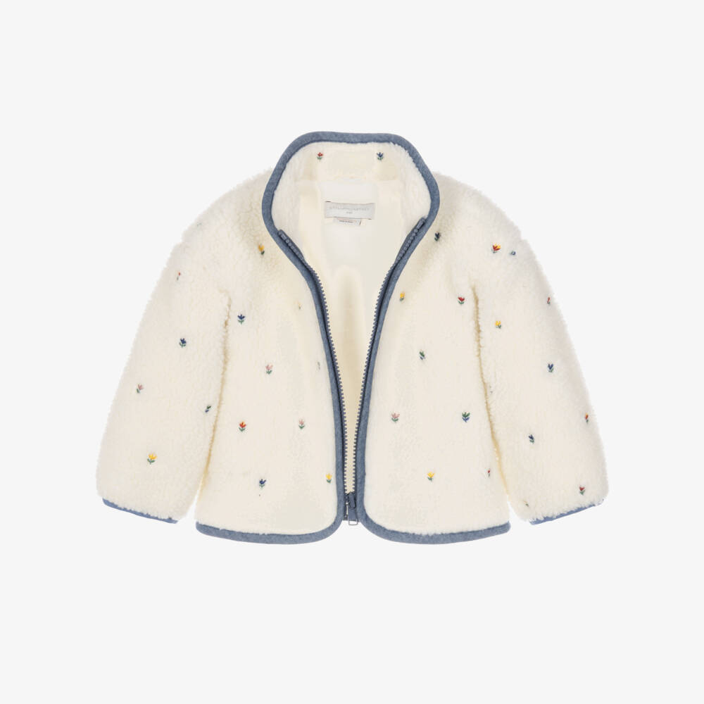 Stella McCartney Kids-Girls Ivory & Blue Sherpa Jacket with Embroidered Flowers | Childrensalon