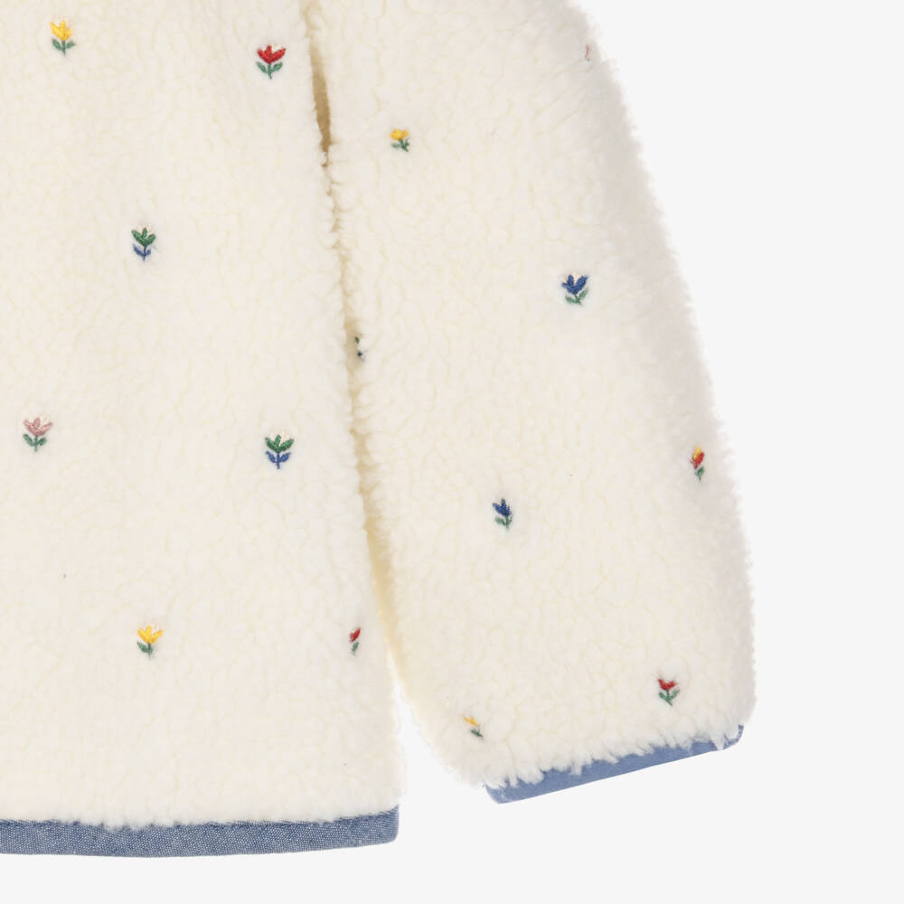 Stella McCartney Kids-Girls Ivory & Blue Sherpa Jacket with Embroidered Flowers | Childrensalon