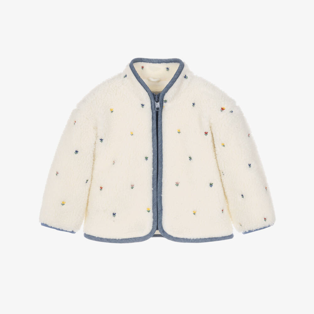 Stella McCartney Kids-Girls Ivory & Blue Sherpa Jacket with Embroidered Flowers | Childrensalon