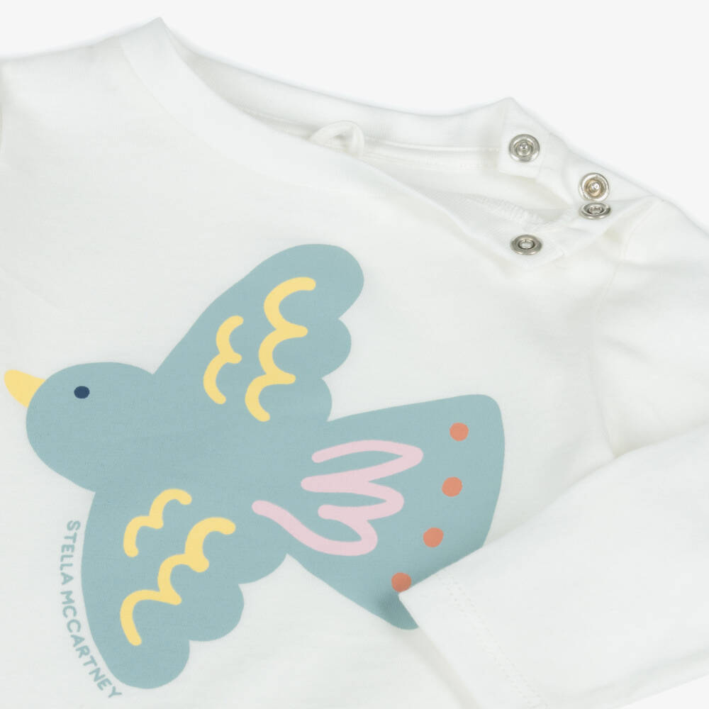 Stella McCartney Kids-Girls Ivory Cotton Bird Print Long Sleeved Top | Childrensalon