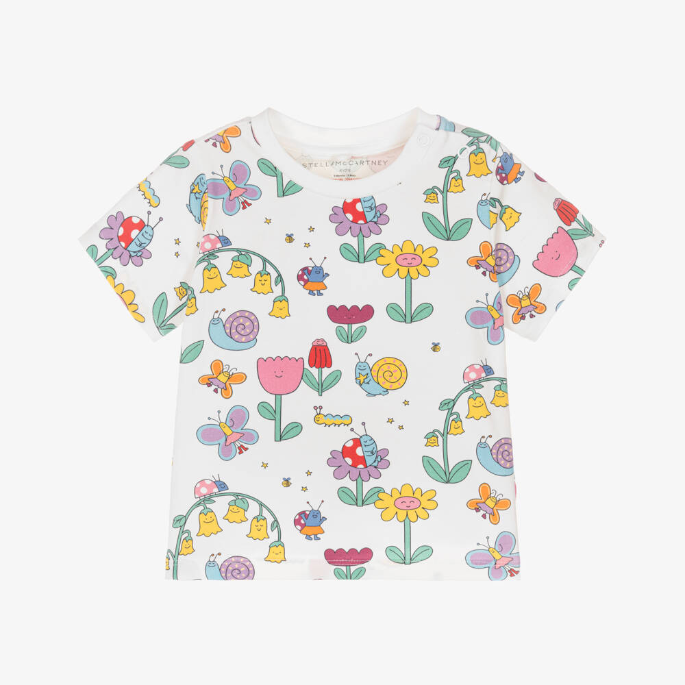 Stella McCartney Kids-Girls Ivory Cotton Jersey Floral T-Shirt | Childrensalon