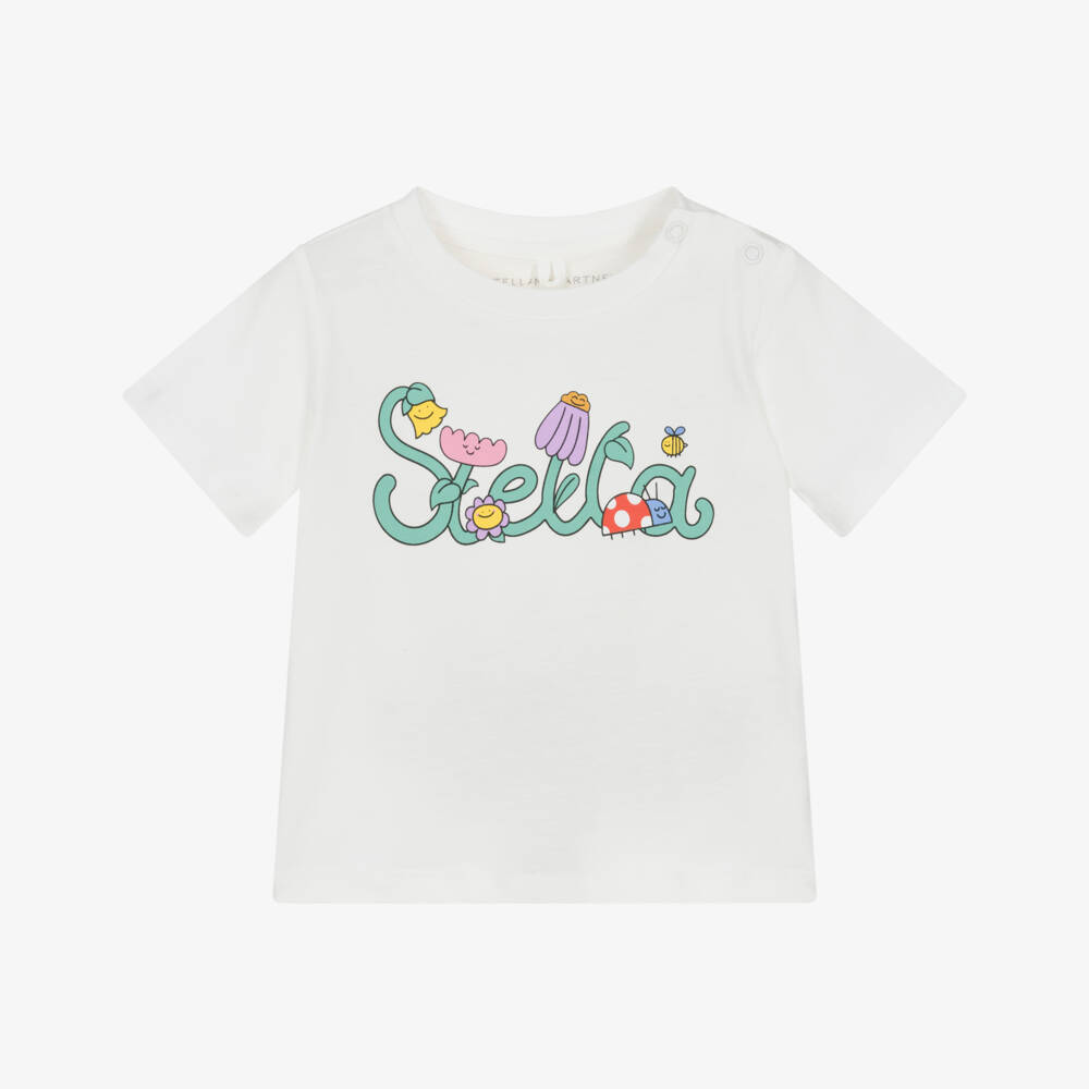 Stella McCartney Kids-تيشيرت قطن عاجي للبنات بشعار الماركة | Childrensalon