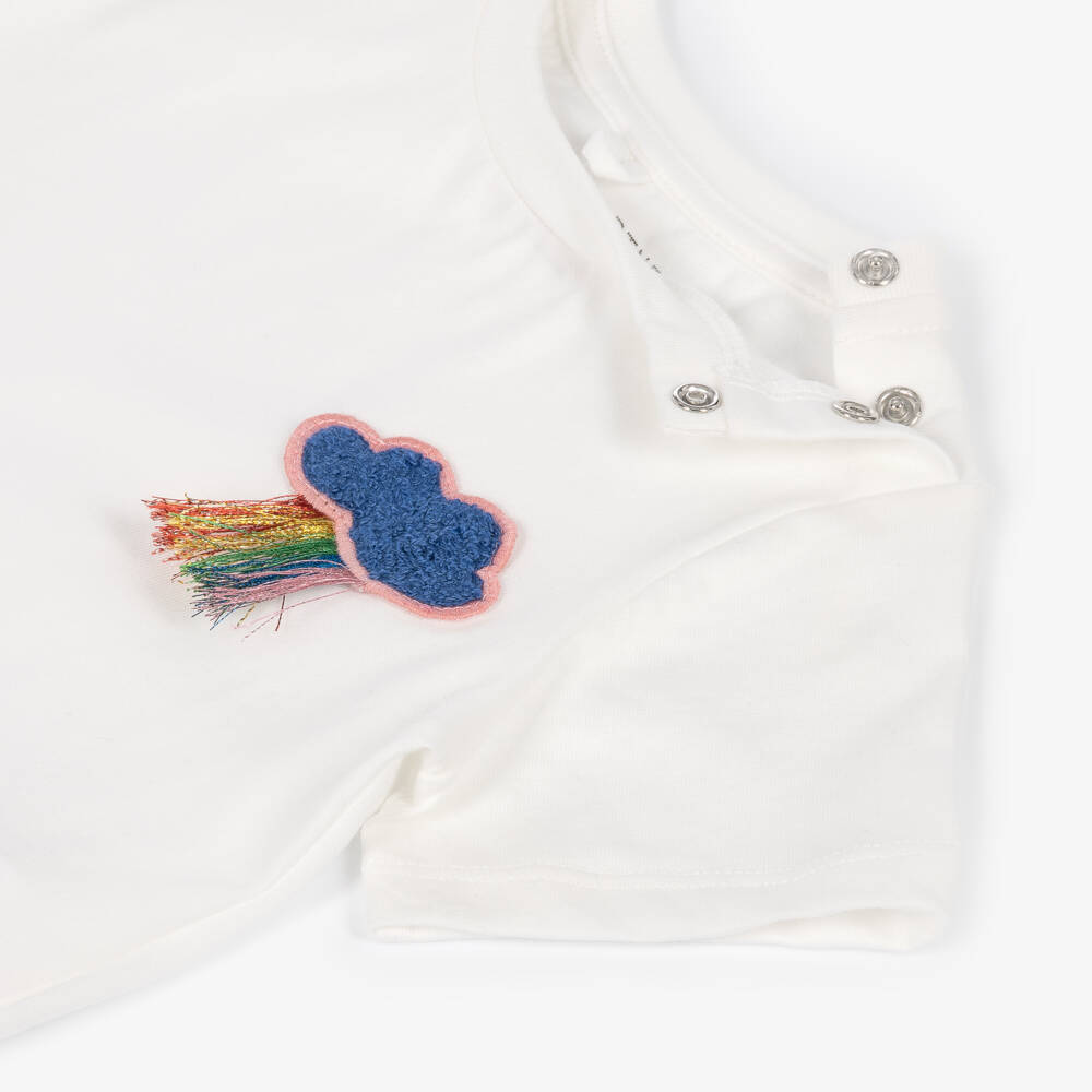 Stella McCartney Kids-Girls Ivory Cotton T-Shirt with Cloud Appliqué | Childrensalon