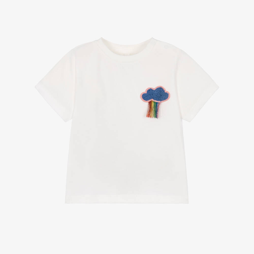 Stella McCartney Kids-Girls Ivory Cotton T-Shirt with Cloud Appliqué | Childrensalon