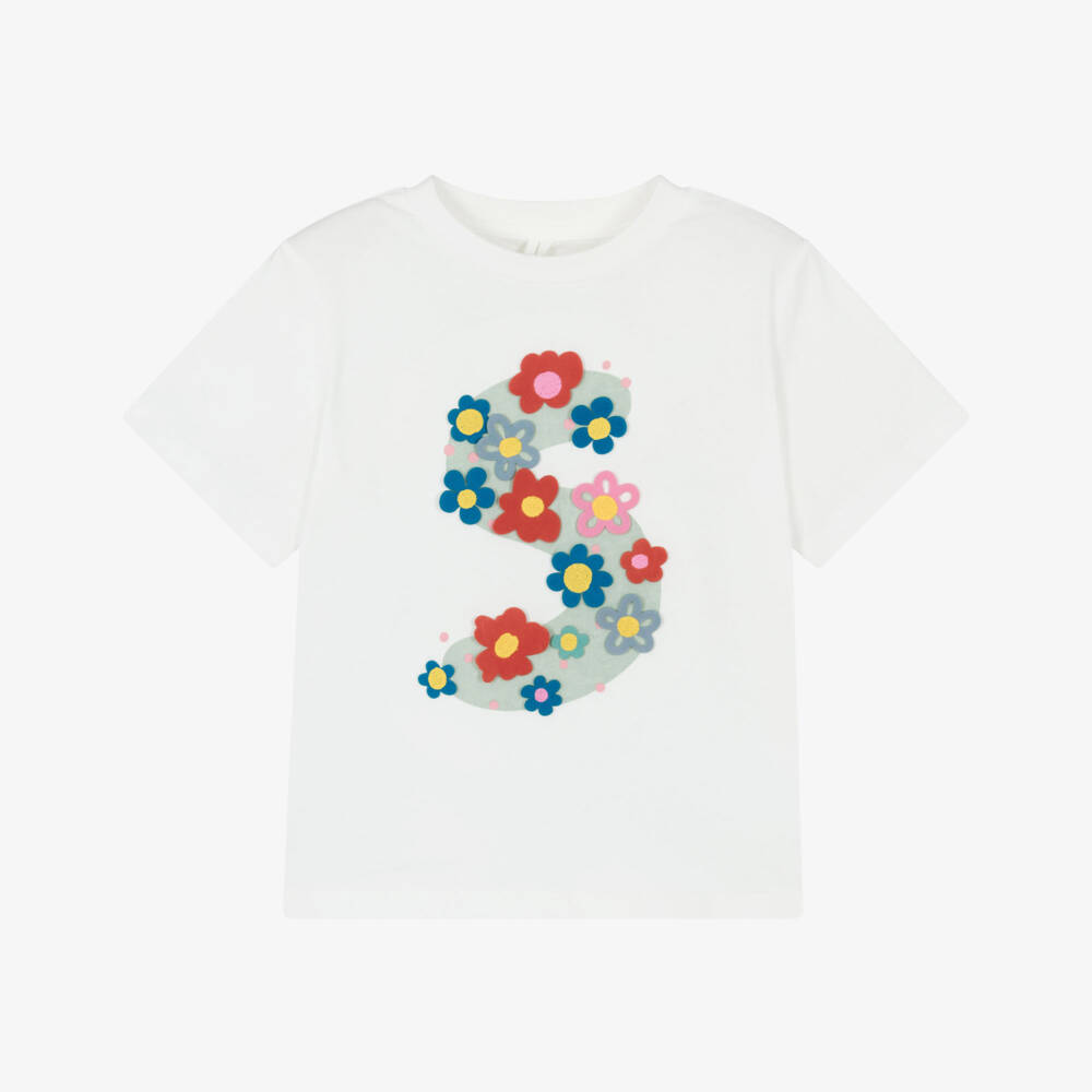 Stella McCartney Kids-Футболка кремовая хлопковая с цветочным логотипом для девочек | Childrensalon