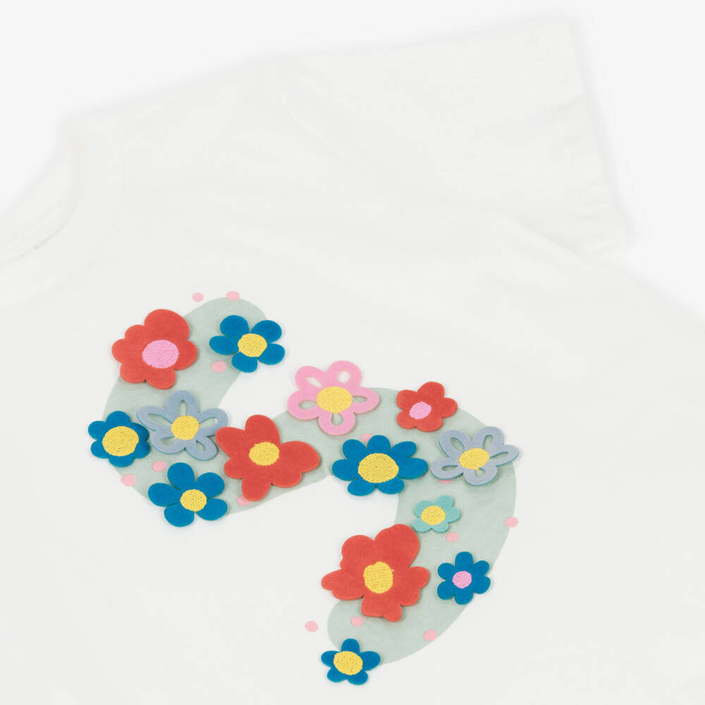 Stella McCartney Kids-Girls Ivory Cotton T-Shirt with Flower Logo | Childrensalon