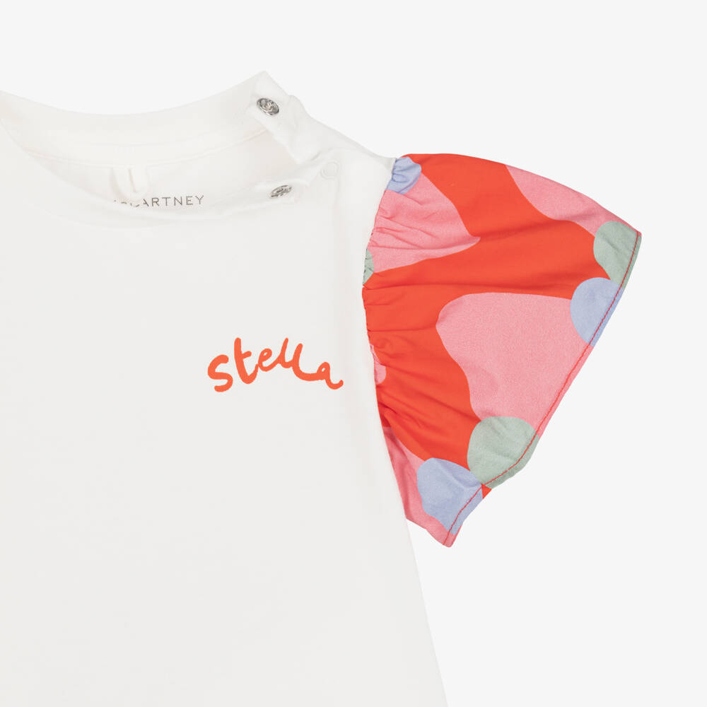Stella McCartney Kids-Girls Ivory Cotton T-Shirt with Flutter Sleeves | Childrensalon