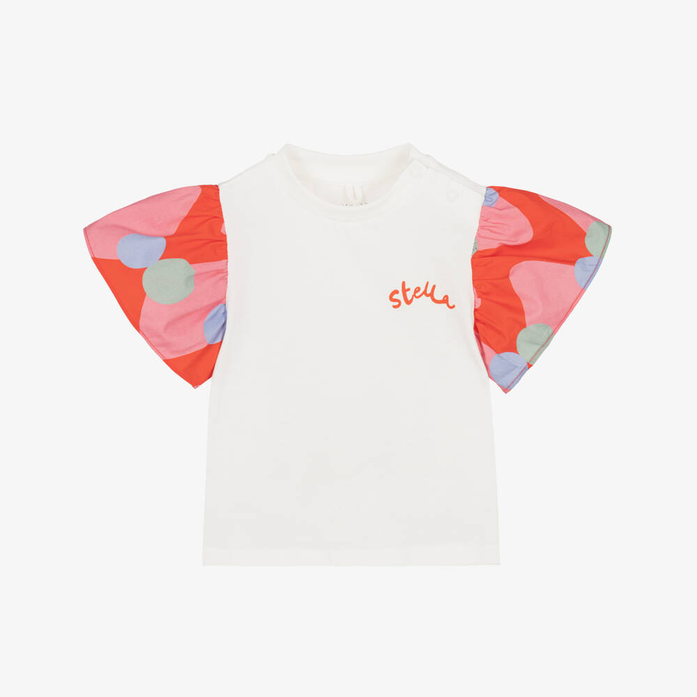 Stella McCartney Kids-Girls Ivory Cotton T-Shirt with Flutter Sleeves | Childrensalon