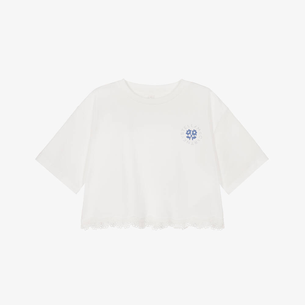 Stella McCartney Kids-Girls Ivory Cotton T-Shirt with Lace Trim | Childrensalon