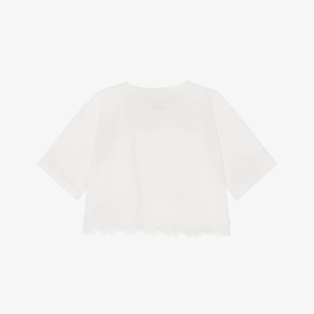 Stella McCartney Kids-Girls Ivory Cotton T-Shirt with Lace Trim | Childrensalon
