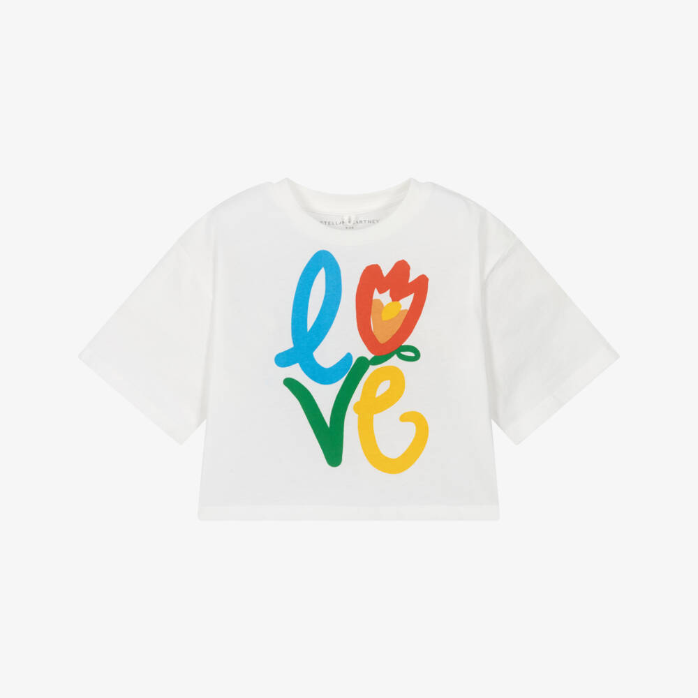 Stella McCartney Kids-Girls Ivory Cotton T-Shirt with Tulip Love Print | Childrensalon