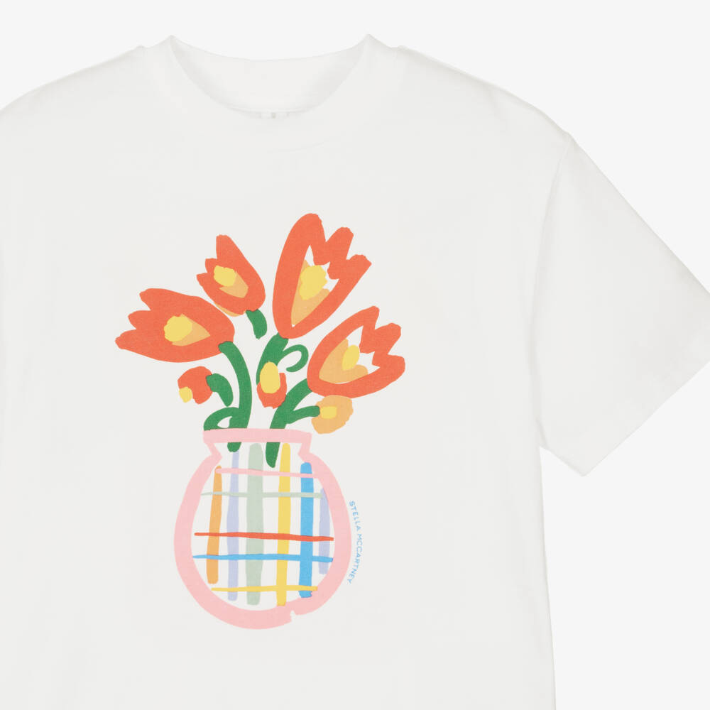 Stella McCartney Kids-Girls Ivory Cotton T-Shirt with Vase of Flowers Print | Childrensalon
