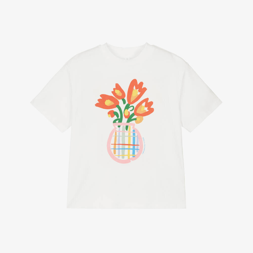 Stella McCartney Kids-Girls Ivory Cotton T-Shirt with Vase of Flowers Print | Childrensalon