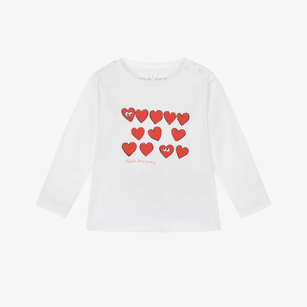 Stella McCartney Kids-Girls Ivory Cotton Top with Red Heart Print | Childrensalon