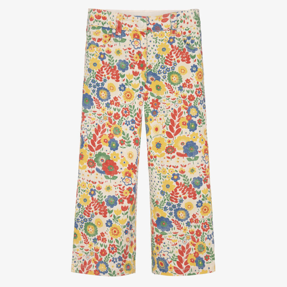 Stella McCartney Kids-Girls Ivory Cotton Twill Flower Print Trousers | Childrensalon