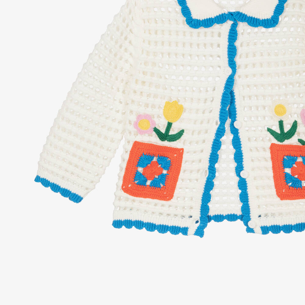 Stella McCartney Kids-Girls Ivory Crochet-Knit Cardigan with Flower Embroidery | Childrensalon