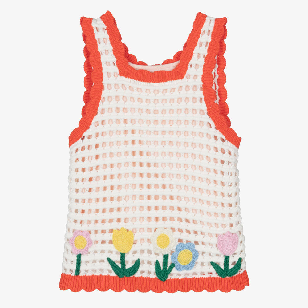 Stella McCartney Kids-Girls Ivory Crochet-Knit Vest Top with Flower Embroidery | Childrensalon
