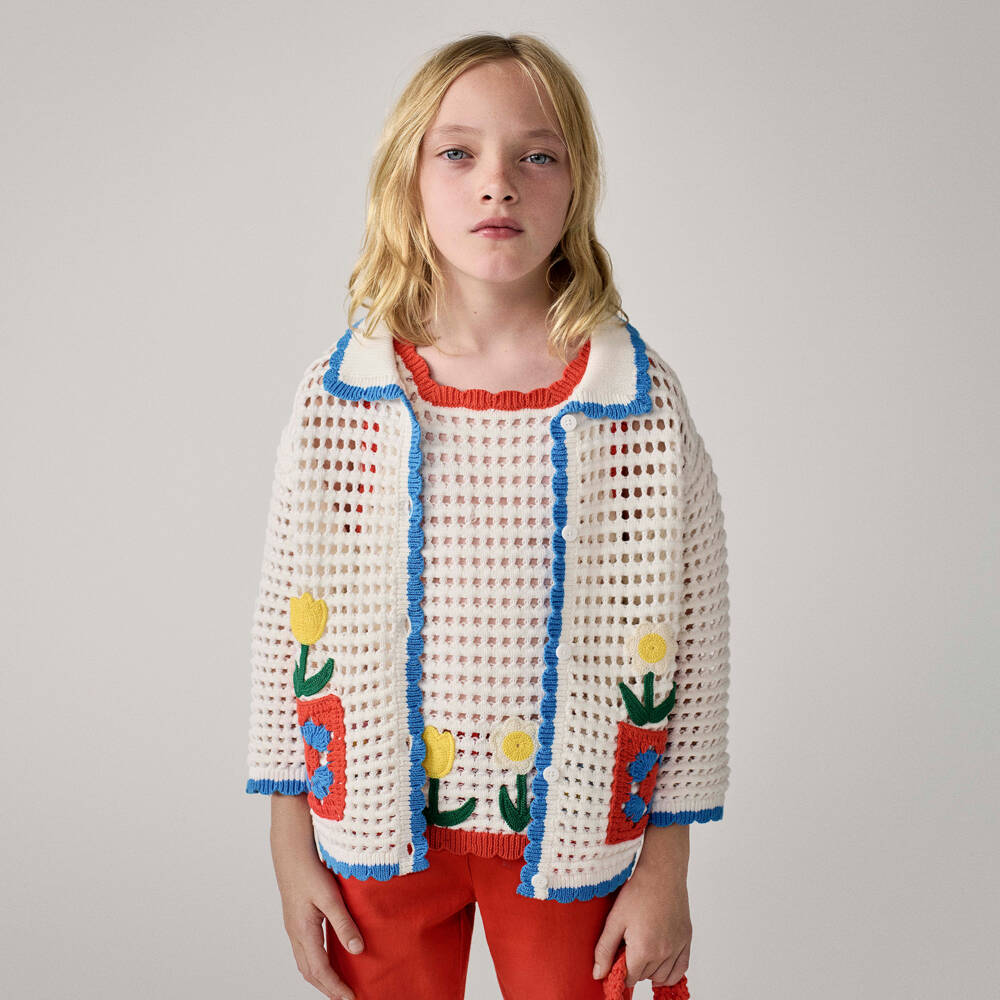 Stella McCartney Kids-Girls Ivory Crochet-Knit Vest Top with Flower Embroidery | Childrensalon