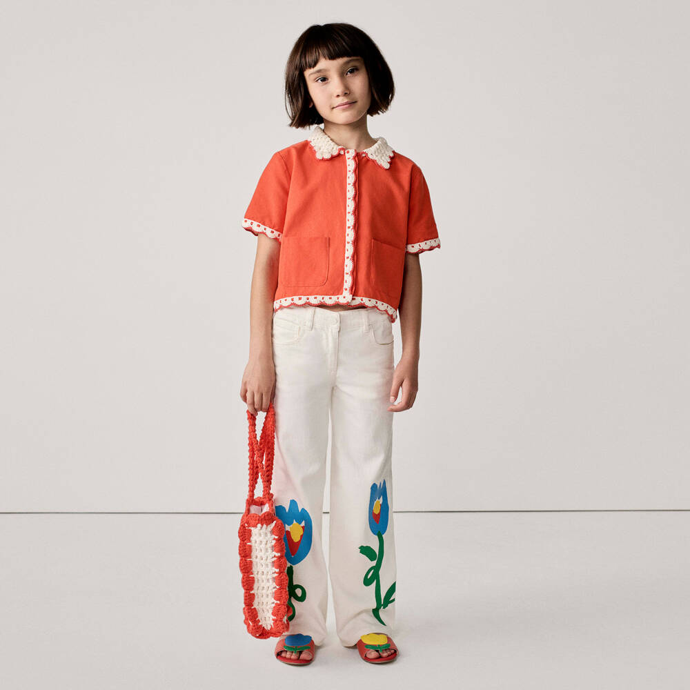 Stella McCartney Kids-Girls Ivory Denim Jeans with Abstract Flower Print | Childrensalon