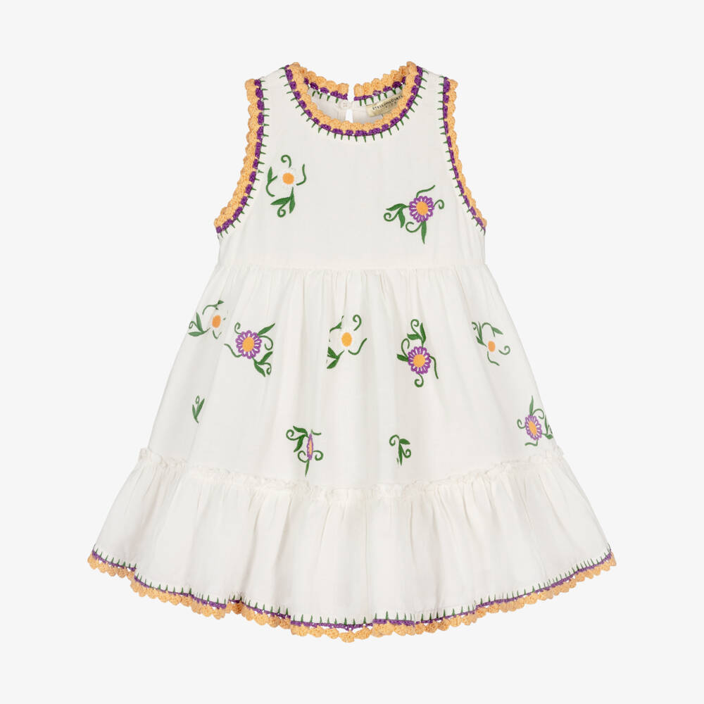 Stella McCartney Kids-Girls Ivory Dress with Floral Embroidery & Crochet Trims | Childrensalon