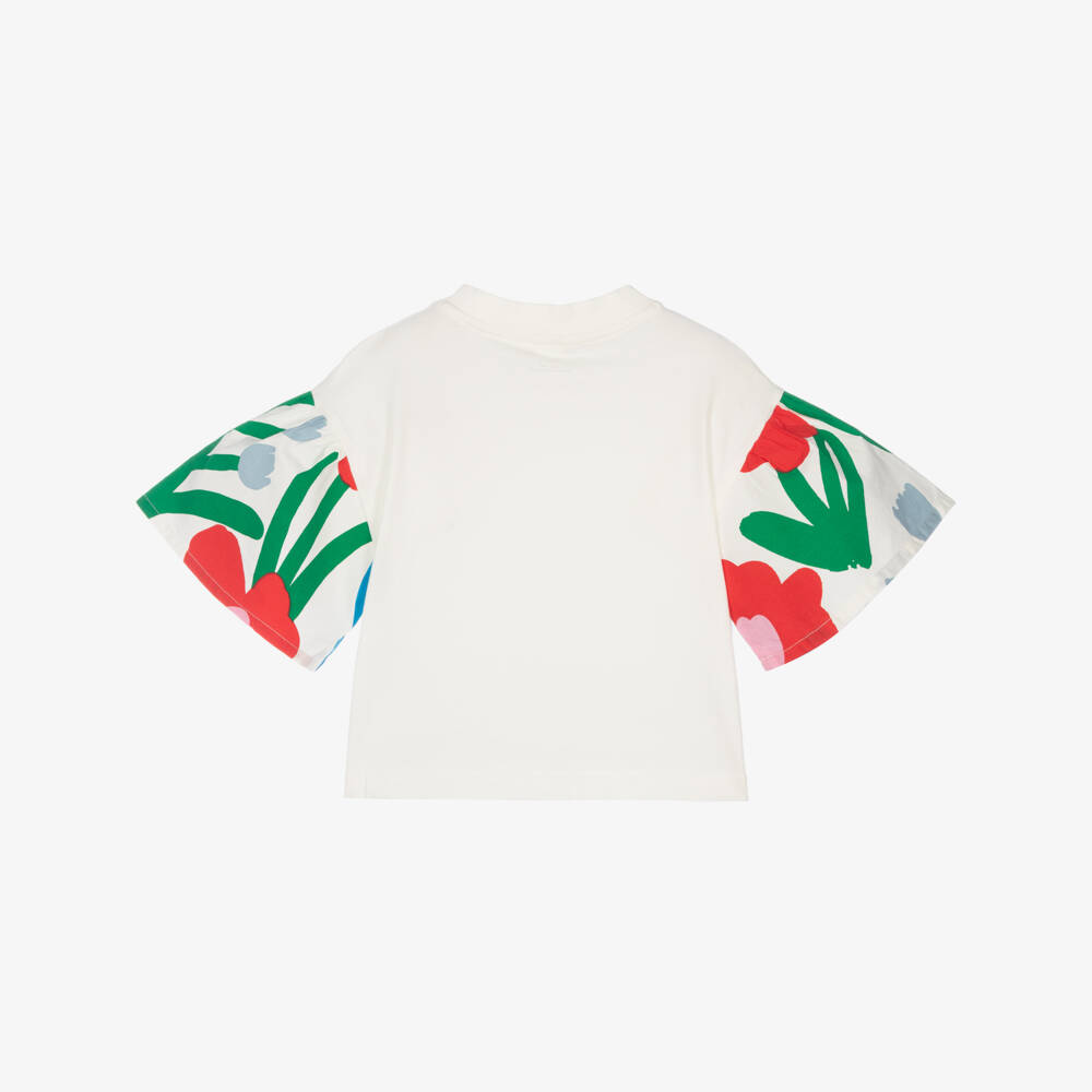 Stella McCartney Kids-Girls Ivory Jersey T-Shirt with Floral Print Poplin Sleeves | Childrensalon