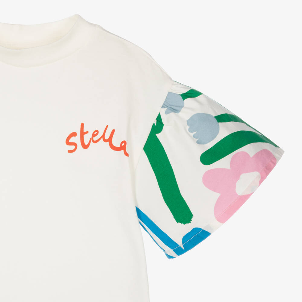 Stella McCartney Kids-Girls Ivory Jersey T-Shirt with Floral Print Poplin Sleeves | Childrensalon