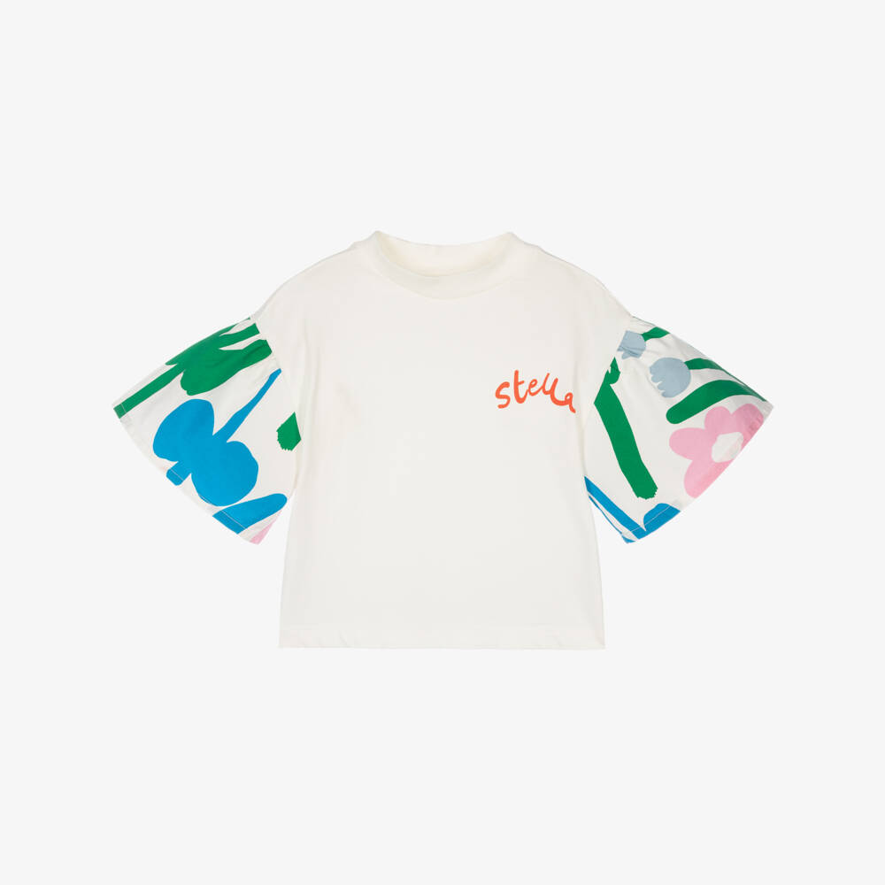 Stella McCartney Kids-Girls Ivory Jersey T-Shirt with Floral Print Poplin Sleeves | Childrensalon