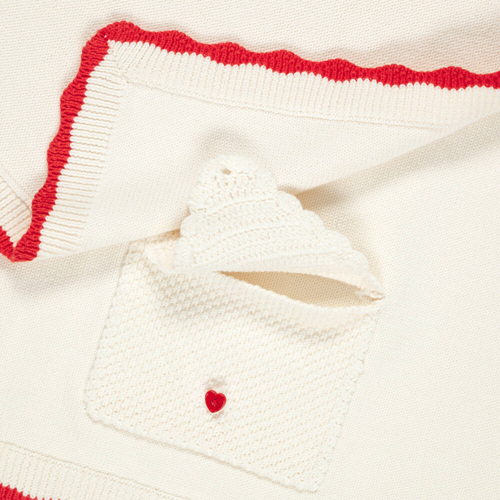 Stella McCartney Kids-Girls Ivory Knit Blanket with Red Scalloped Trim (74cm) | Childrensalon
