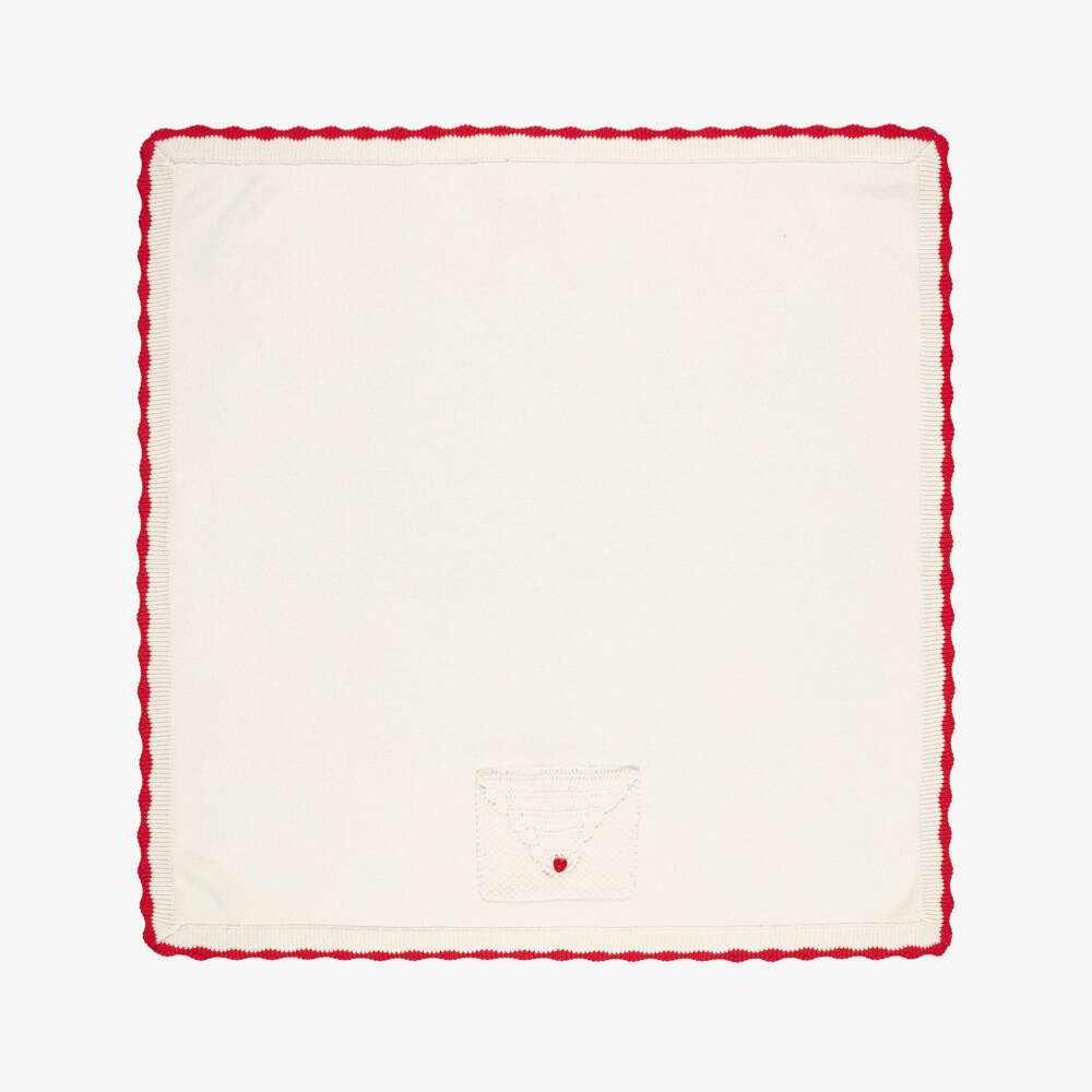 Stella McCartney Kids-Girls Ivory Knit Blanket with Red Scalloped Trim (74cm) | Childrensalon