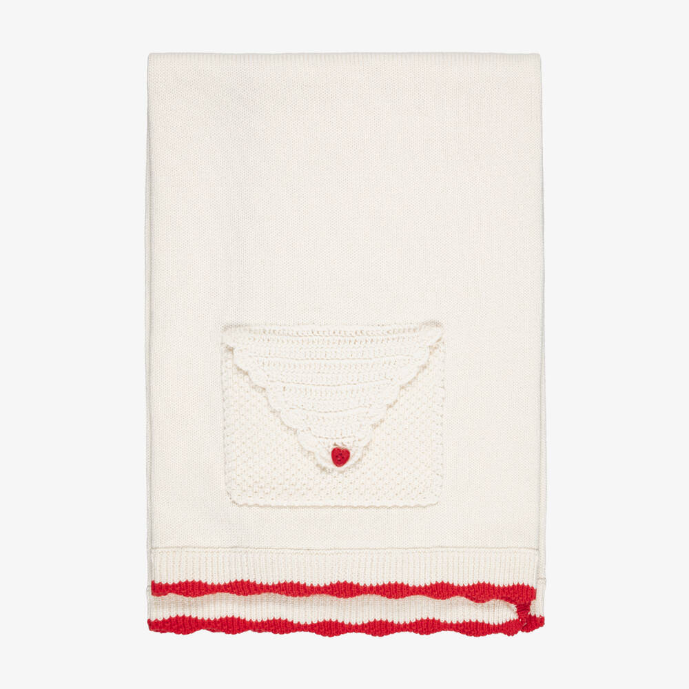 Stella McCartney Kids-Girls Ivory Knit Blanket with Red Scalloped Trim (74cm) | Childrensalon