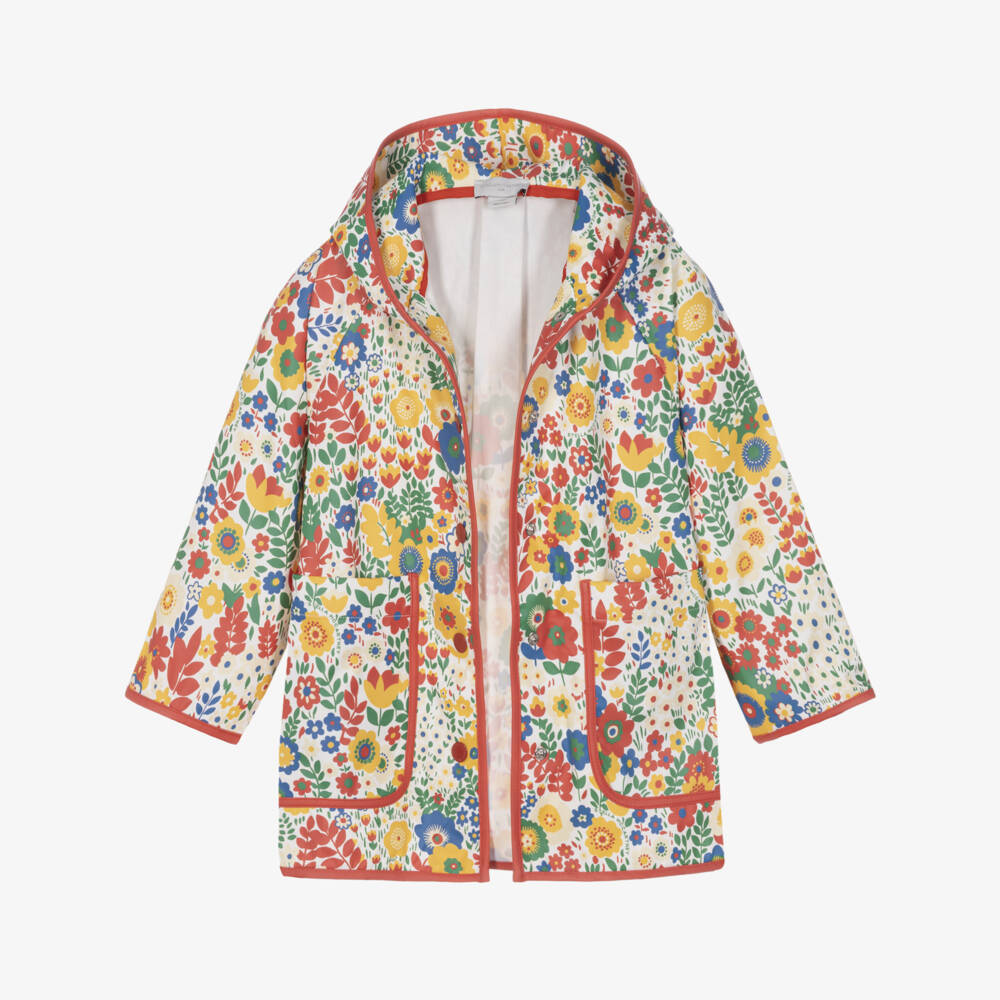 Stella McCartney Kids-Girls Ivory Raincoat with Multicolour Flower Print | Childrensalon