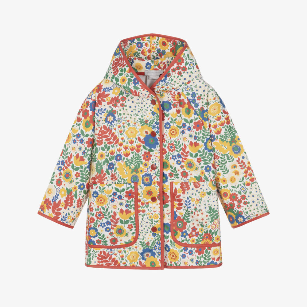 Stella McCartney Kids-Girls Ivory Raincoat with Multicolour Flower Print | Childrensalon